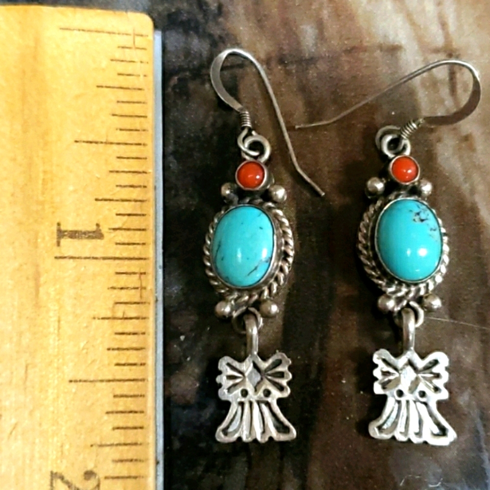 Native American Turquoise Coral Sterling Earrings